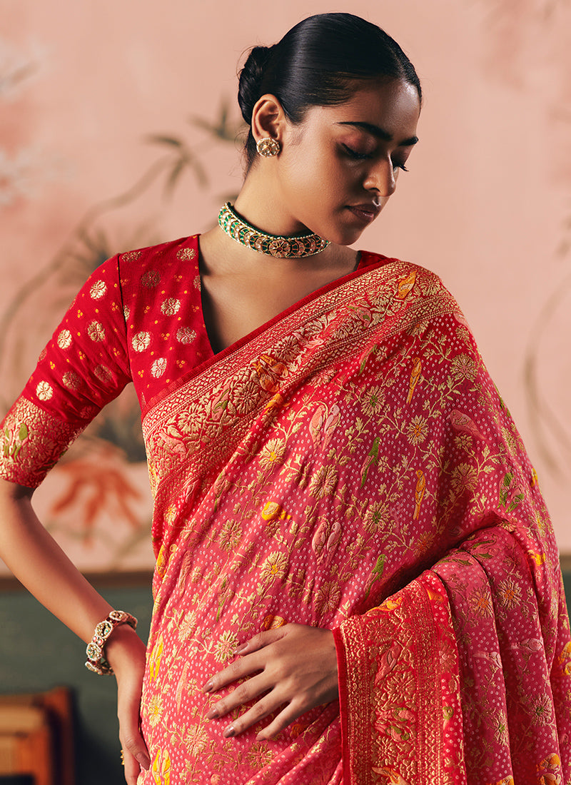 Georgette Red Wedding Wear Weaving Work Saree 386727