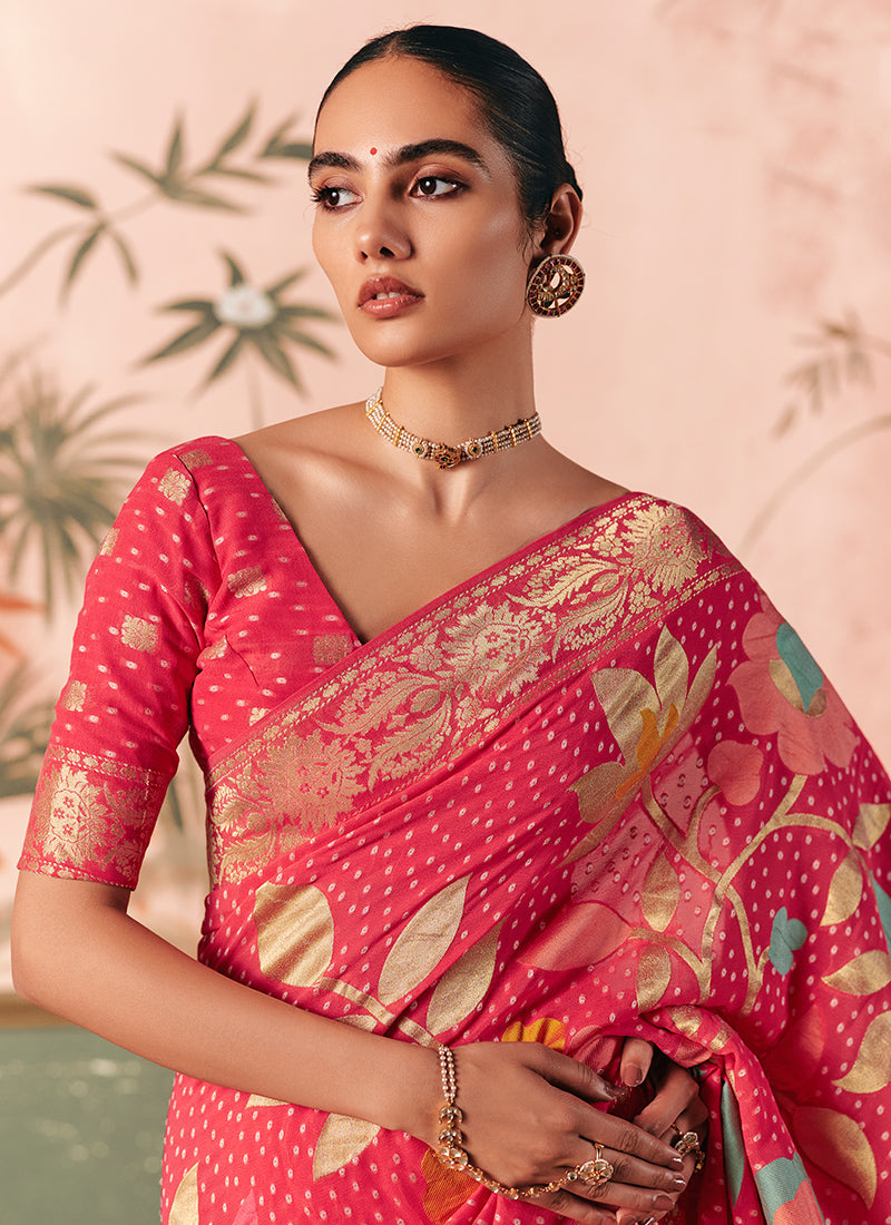 Georgette Pink Wedding Wear Weaving Work Saree 386729