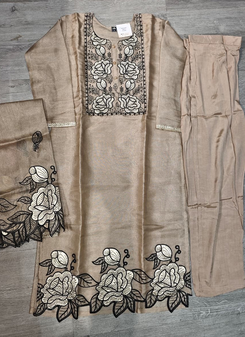Beige Floral Embroidered Tissue Silk Kurta Set with Dupatta WS-1-1001