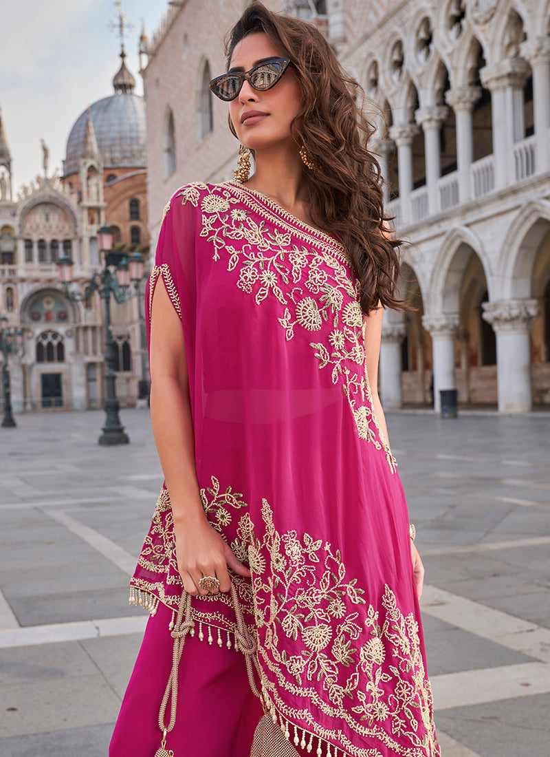 Crepe Pink Party Wear Embroidery Work Readymade Indo-Western Suit 387065