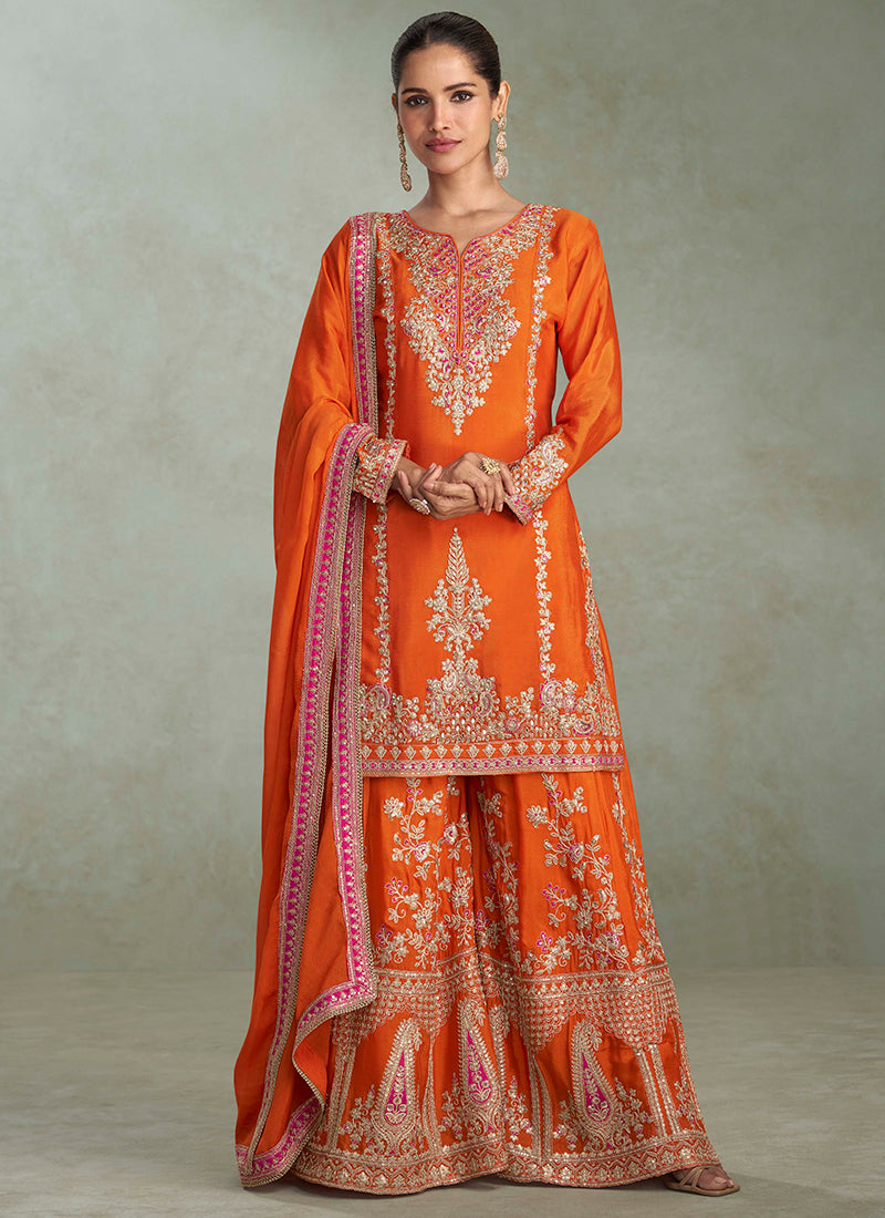 Chinnon Orange Wedding Wear Embroidery Work Readymade Sharara Suit 385696
