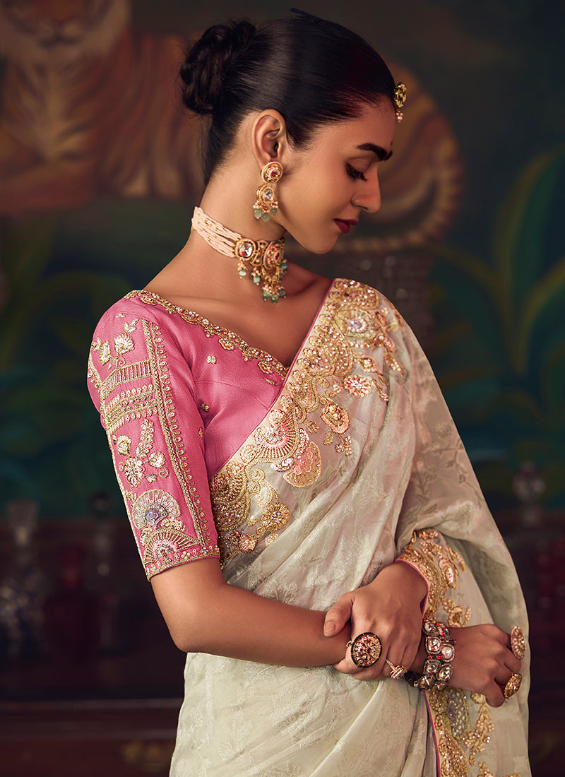 Silk Off White Wedding Wear Embroidery Work Saree 386912