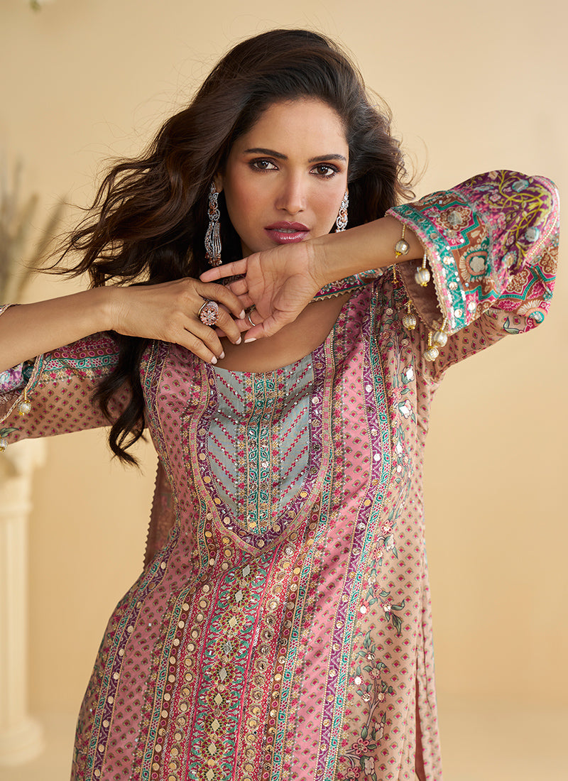 Crepe Silk Multi Color Wedding Wear Sequins Work Readymade Plazzo Suit 387000