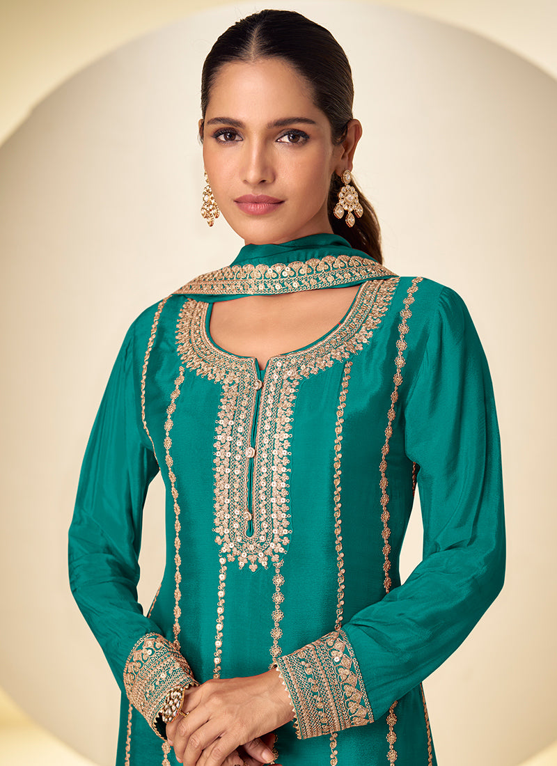 Teal Green Chinon Sequins Work Wedding Wear Readymade Plazzo Suit SW346649