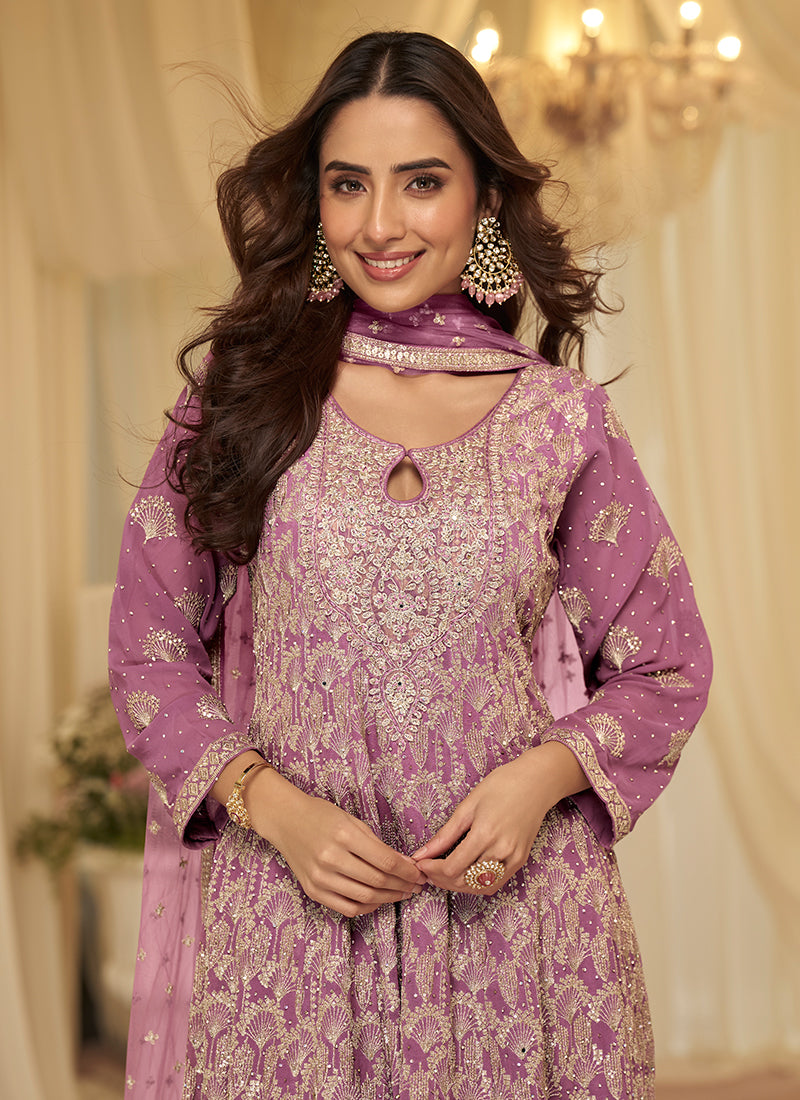 Lavender Georgette Embroidery Work Wedding Wear Readymade Plazzo Suit SW275765