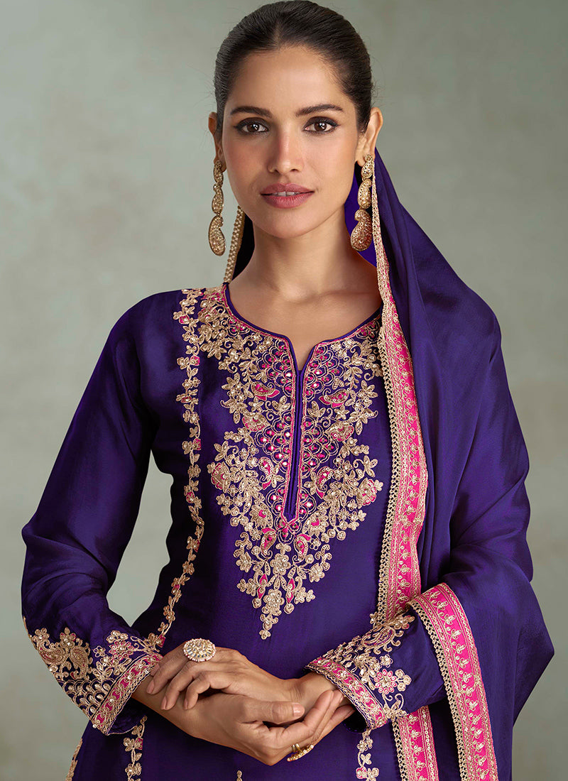 Chinnon Purple Wedding Wear Embroidery Work Readymade Sharara Suit 385697