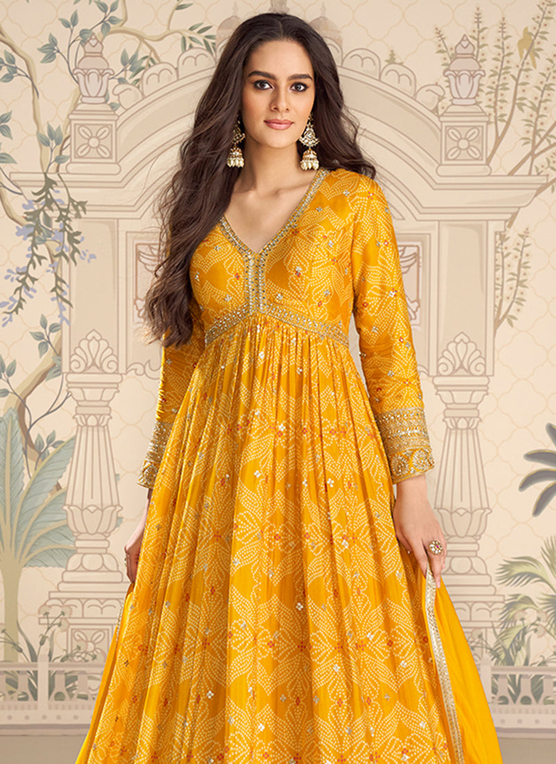 Yellow Silk Printed Work Wedding Wear Readymade Anarkali Suit SW178558