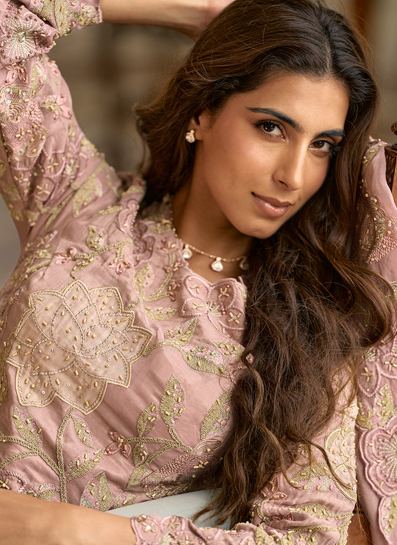 Onion Shimmer Silk Hand Work Party Wear Readymade Plazzo Suit SW299360