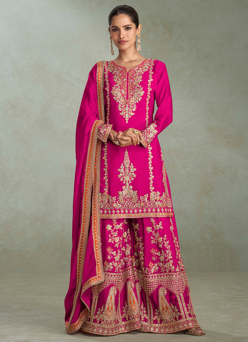 Chinnon Hot Pink Wedding Wear Embroidery Work Readymade Sharara Suit 385698