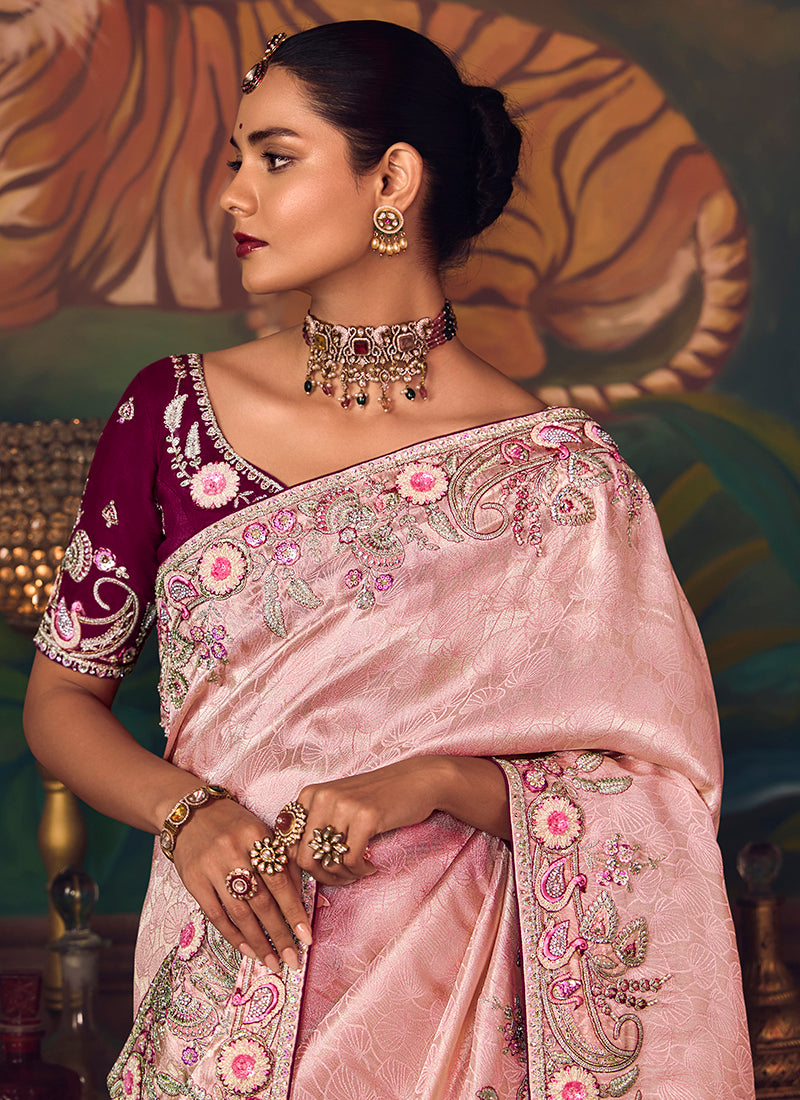 Silk Light Pink Wedding Wear Embroidery Work Saree 386914