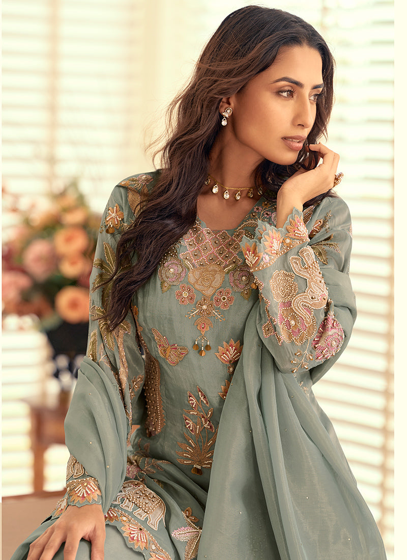 Sage Green Shimmer Silk Hand Work Party Wear Readymade Plazzo Suit SW314648