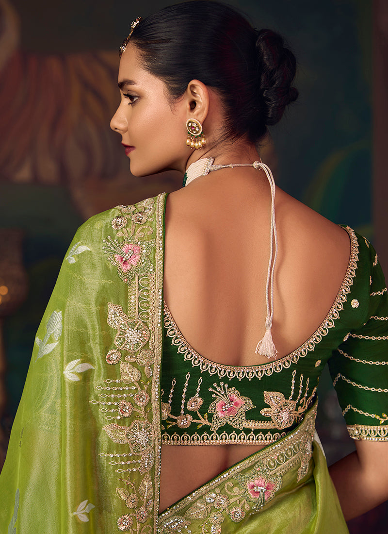 Silk Green Wedding Wear Embroidery Work Saree 386915