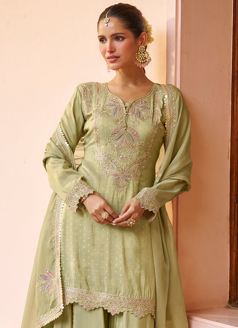 Pista Green Chinon Sequins Work Wedding Wear Readymade Plazzo Suit SW217704