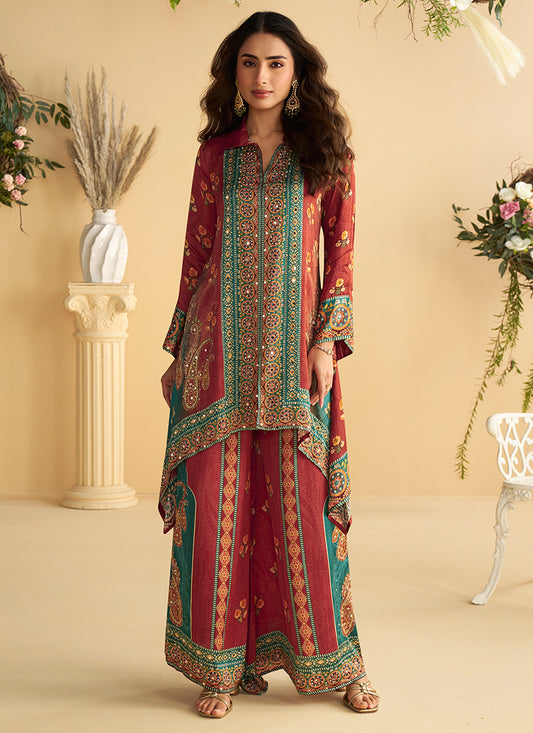 Crepe Silk Multi Color Party Wear Mirror Work Readymade Cord Set 381532