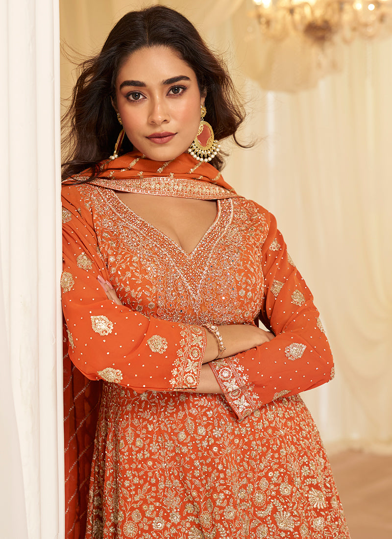Rust Orange Georgette Embroidery Work Wedding Wear Readymade Plazzo Suit SW866675