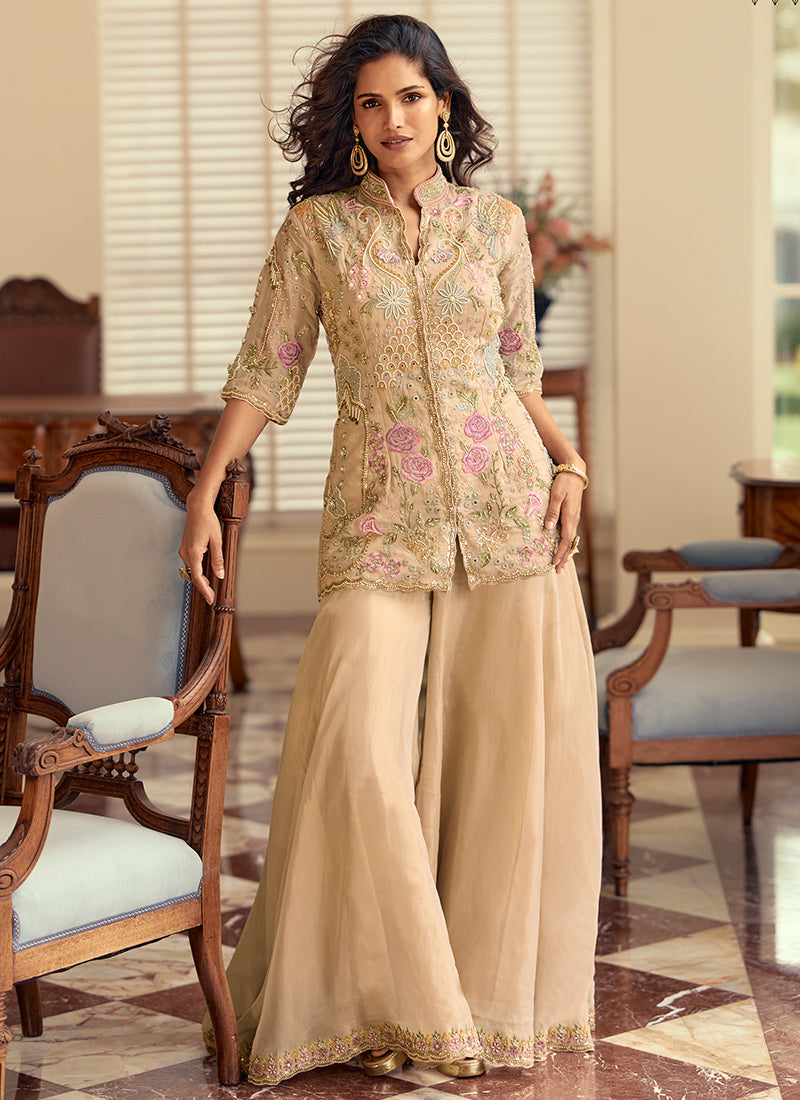 Cream Shimmer Silk Hand Work Party Wear Readymade Plazzo Suit SW729488