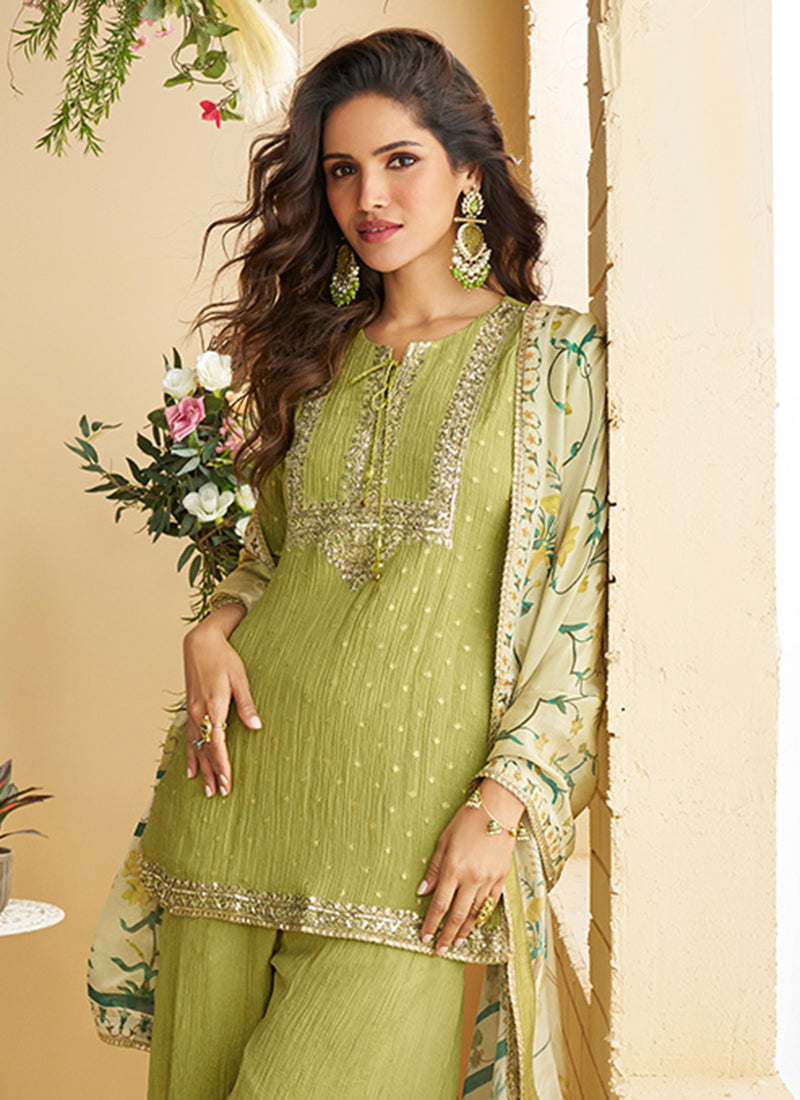 Chinon Green Wedding Wear Sequins Work Readymade Plazzo Suit 386997