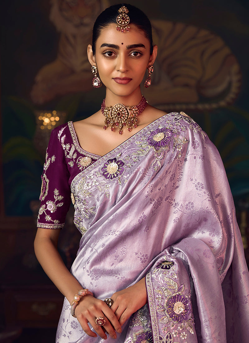 Silk Light Purple Wedding Wear Embroidery Work Saree 386918