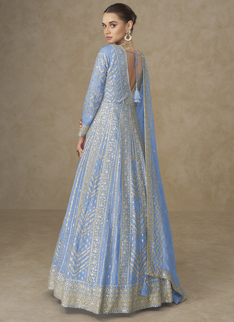 Sky Blue Chinon Silk Embroidery Work Wedding Wear Readymade Anarkali Suit SW631634