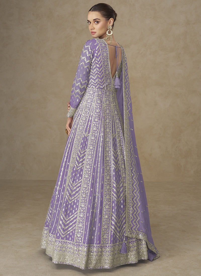 Purple Chinon Silk Embroidery Work Wedding Wear Readymade Anarkali Suit SW795721