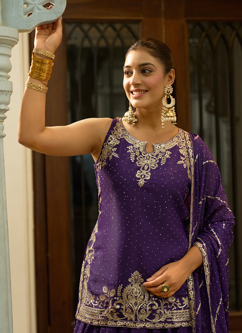 Purple Georgette Sequins Work Festival Wear Readymade Lehenga Skirt SW306560