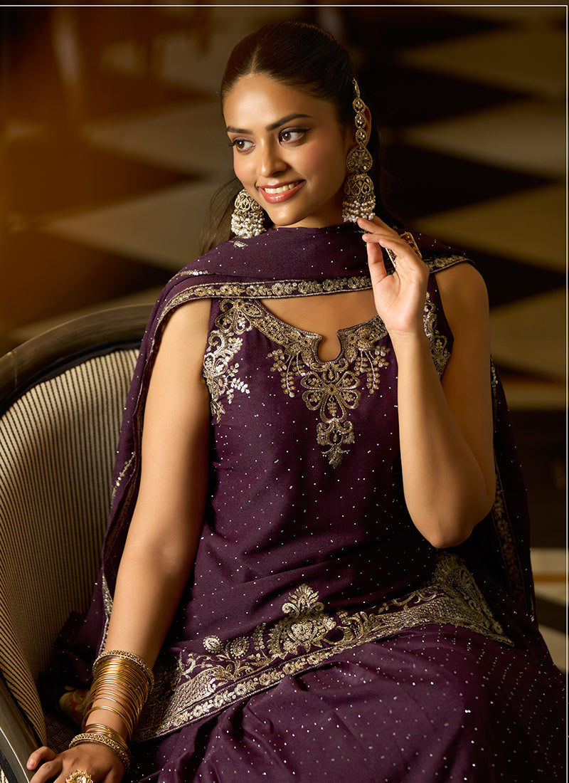 Brown Georgette Sequins Work Festival Wear Readymade Lehenga Skirt SW456145