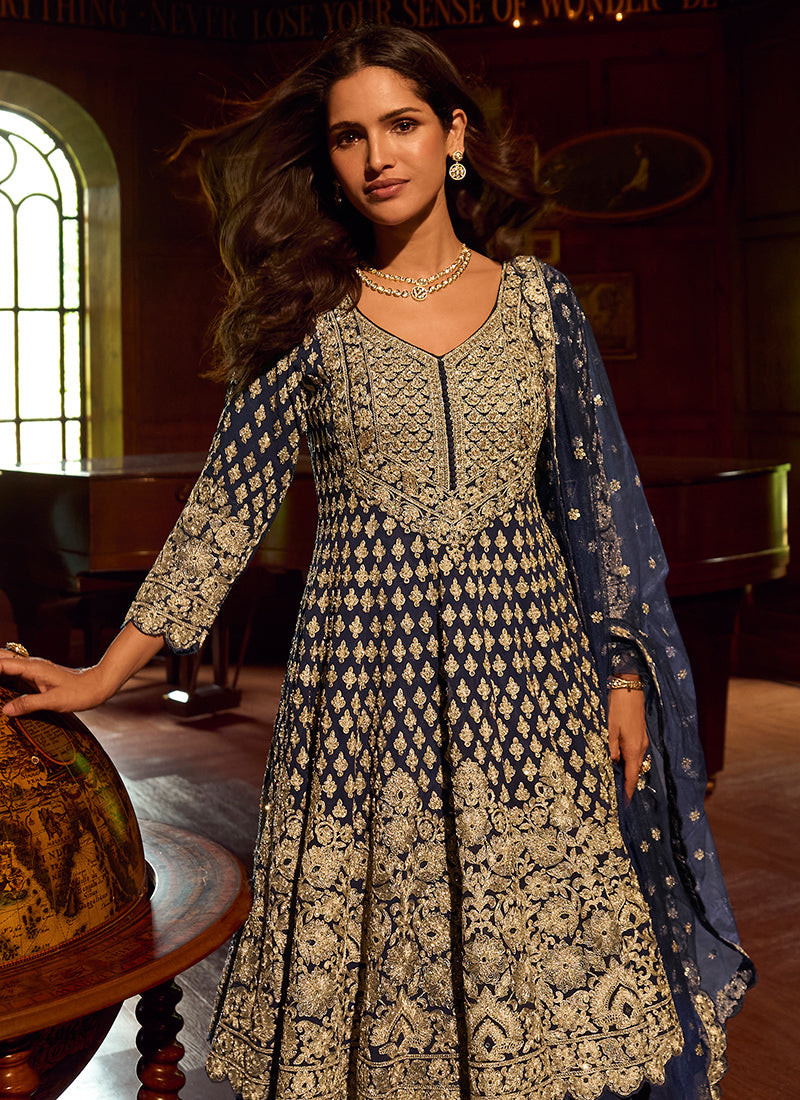 Navy Blue Georgette Embroidery Work Wedding Wear Readymade Indowestern Suit SW665032