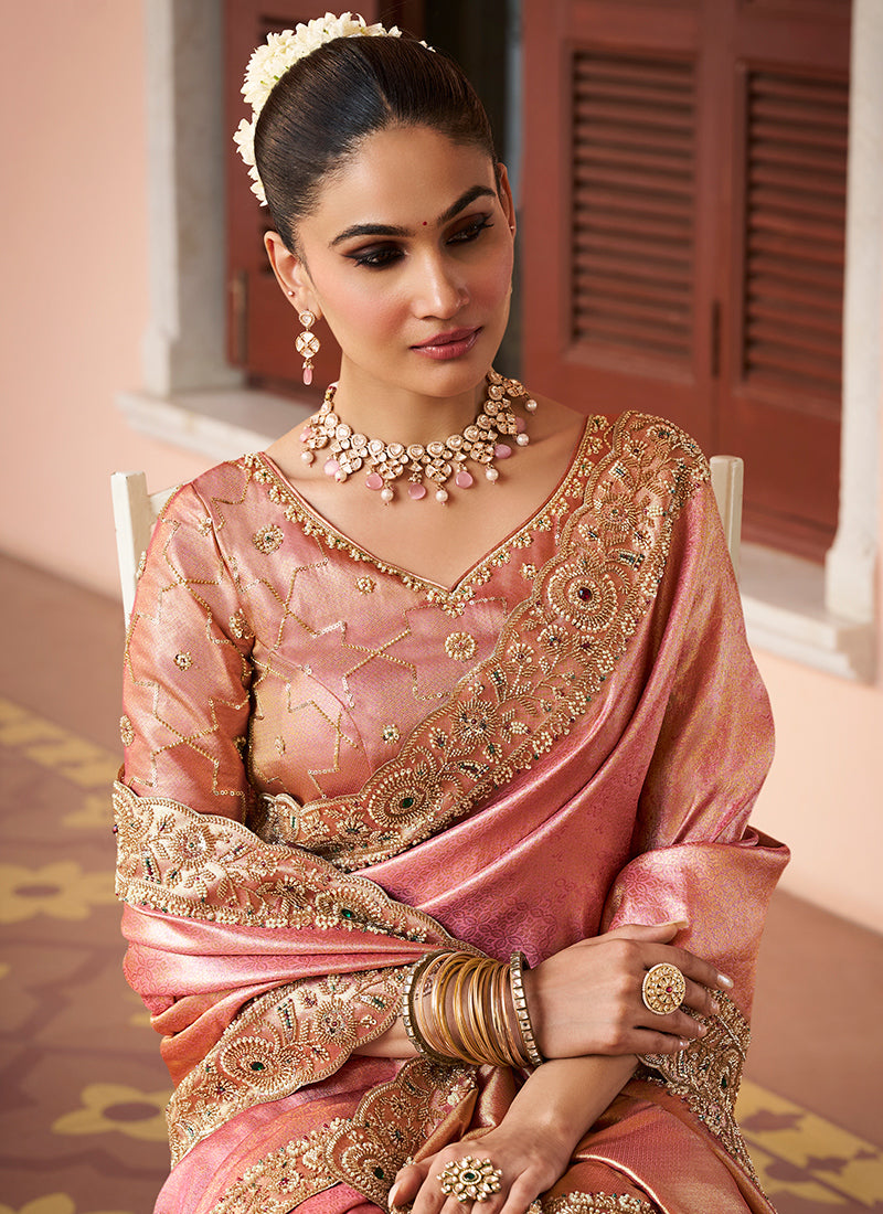 Dusty Pink Kanjivaram Silk Beads Work Festival Wear Saree SW405976