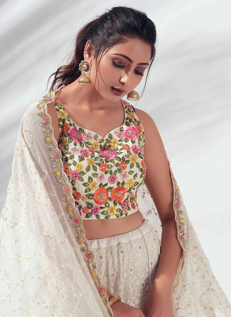 Heavy Faux Georgette White Lehenga Choli with Zari Work for Designer Wear