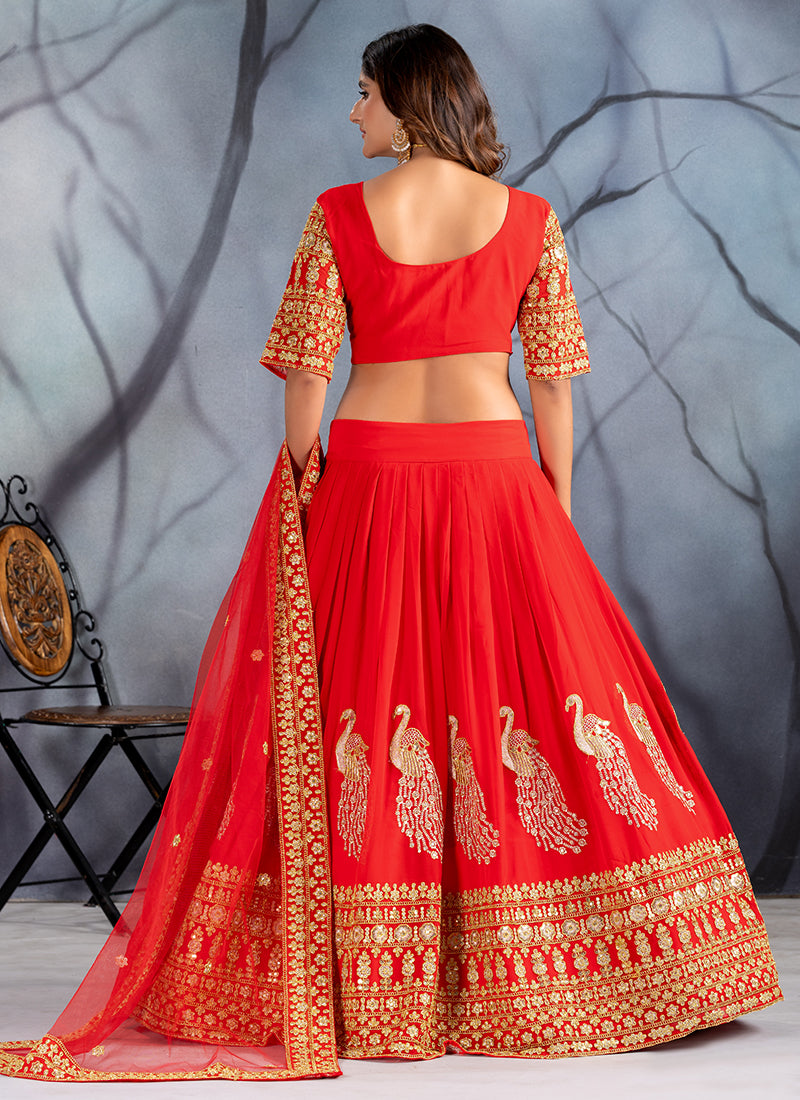 Faux Georgette Red Lehenga Choli with Zari Work for Designer Wear