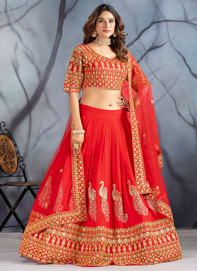 Faux Georgette Red Lehenga Choli with Zari Work for Designer Wear