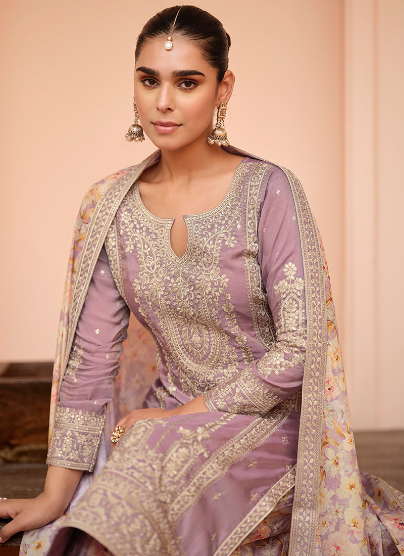Shimmer Silk Lilac Festival Wear Embroidery Work Readymade Plazzo Suit 385519