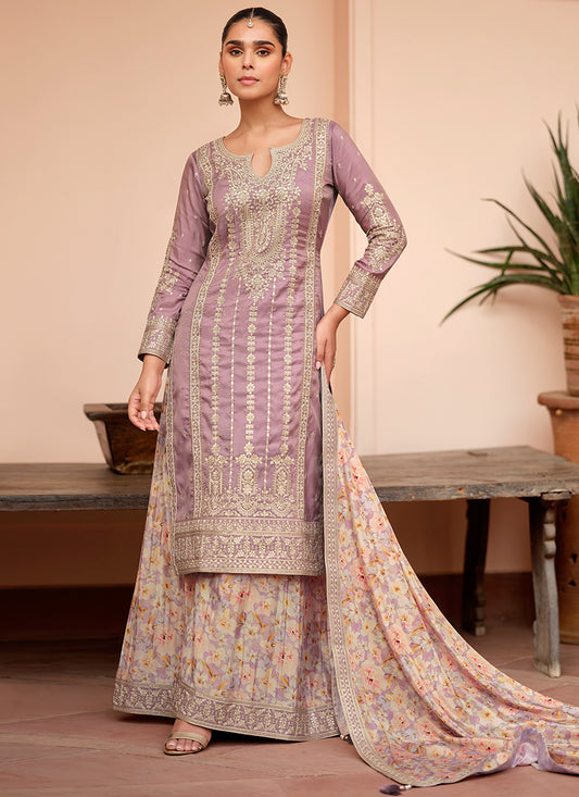 Shimmer Silk Lilac Festival Wear Embroidery Work Readymade Plazzo Suit 385519