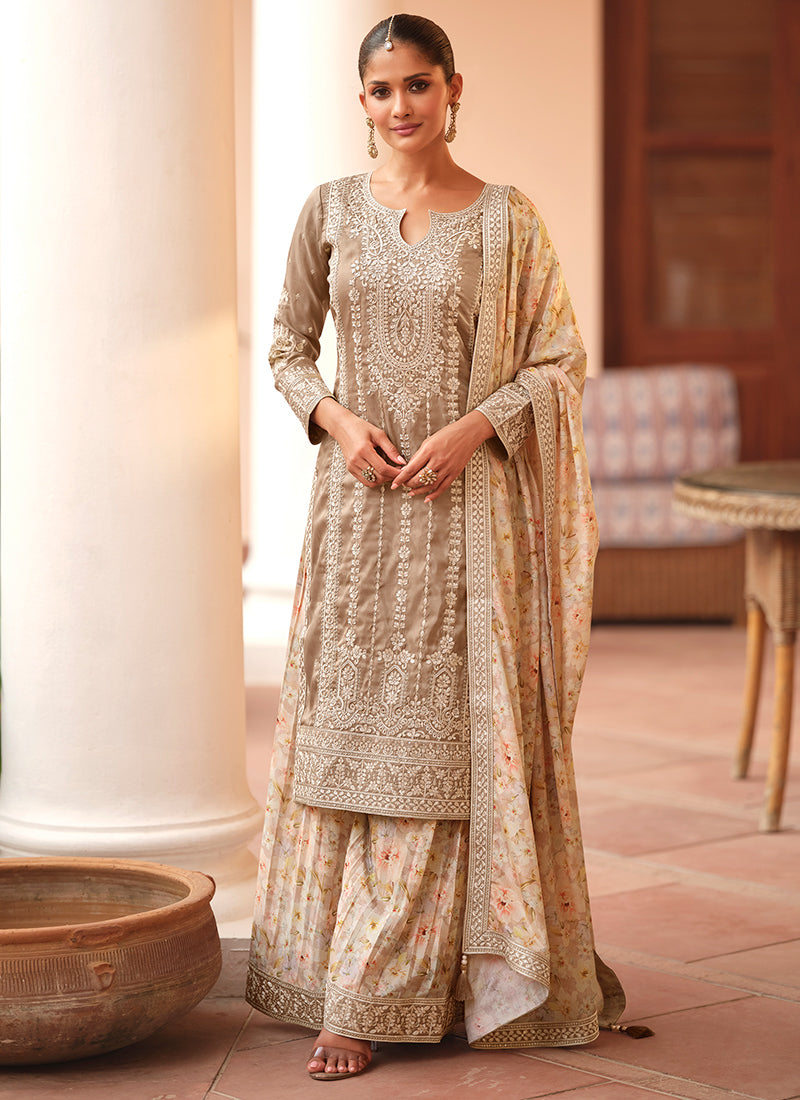 Shimmer Silk Beige Festival Wear Embroidery Work Readymade Plazzo Suit 385520