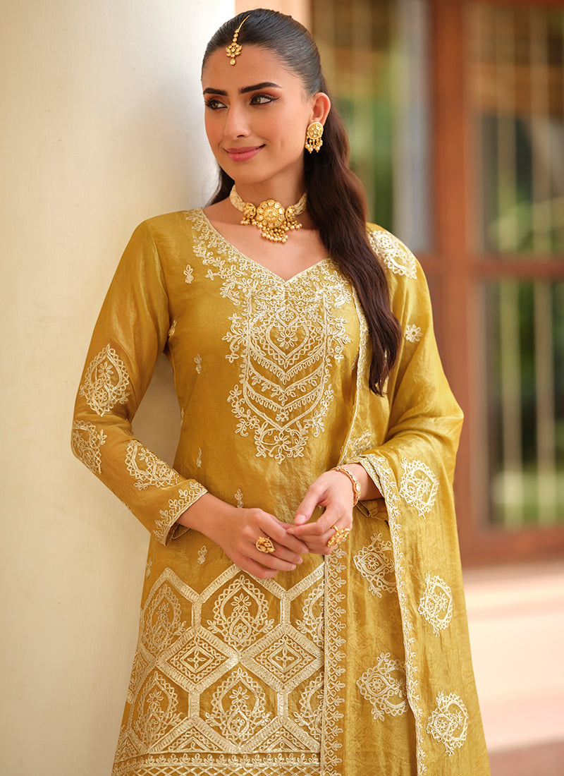 Tora Silk Yellow Festival Wear Embroidery Work Readymade Plazzo Suit 387024