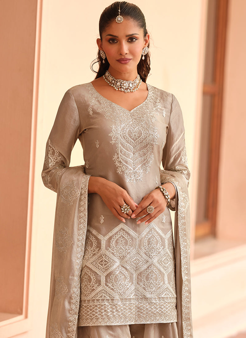 Tora Silk Grey Festival Wear Embroidery Work Readymade Plazzo Suit 387025