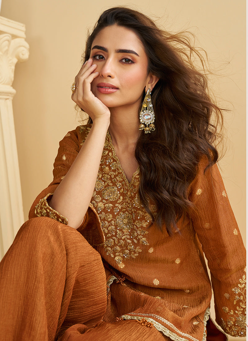 Chinon Brown Wedding Wear Sequins Work Readymade Plazzo Suit 386998