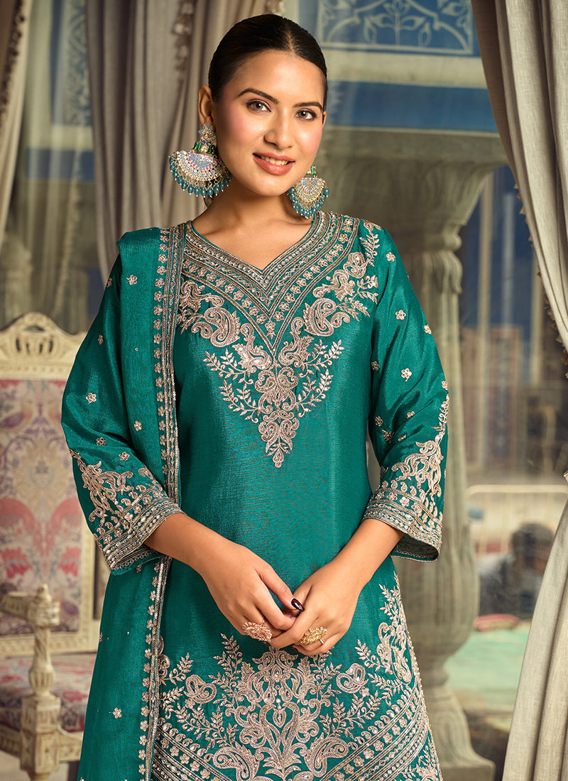 Green Chinon Silk Sequins Work Eid Wear Readymade Plazzo Suit SW112876