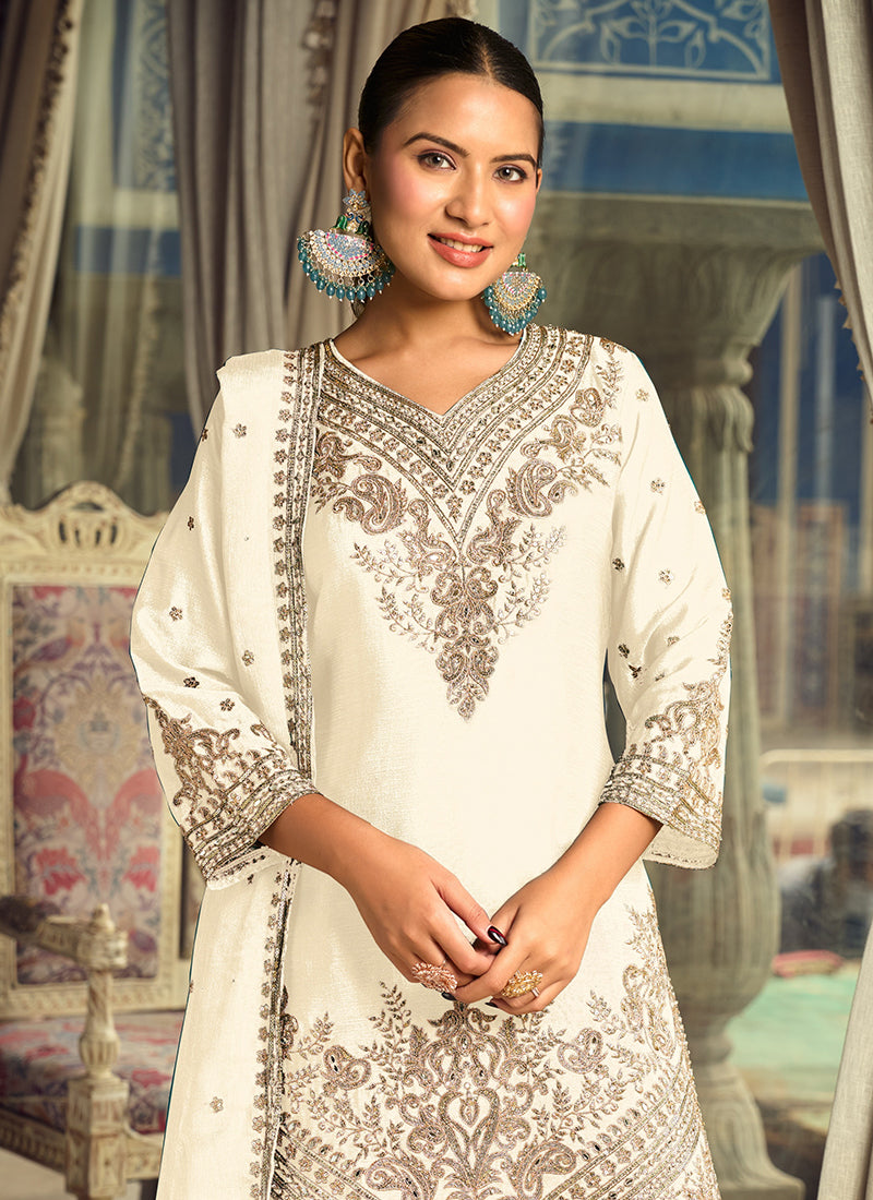 Off White Chinon Silk Sequins Work Eid Wear Readymade Plazzo Suit SW656737