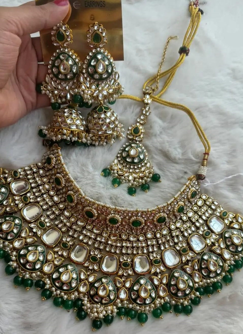 Dark Green Festival Wear Kundan Necklace Set 383127