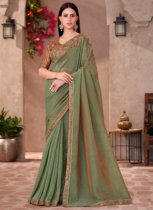 Georgette Mehendi Saree with Linen Work for Bridal Wear 380639