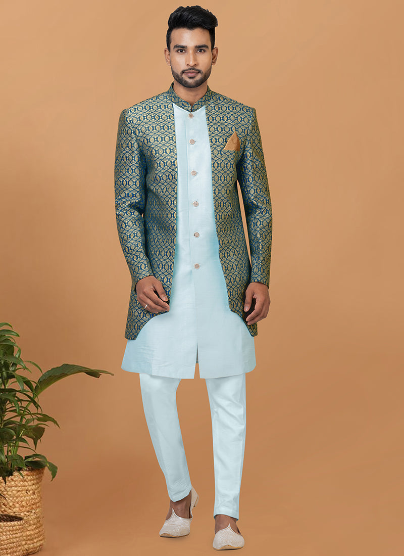 Jacquard Silk Sky Blue Festive Wear Embroidery Work Readymade Mens Indo Western 349564