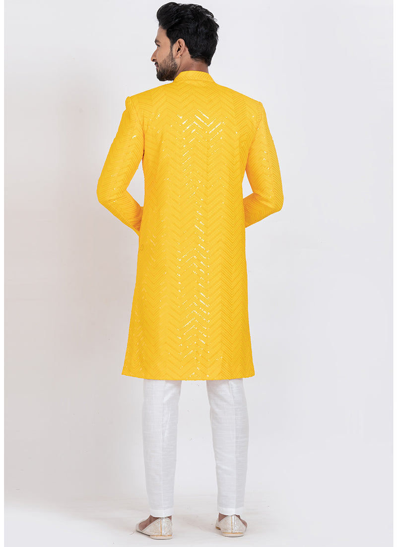 Viscose Rayon Yellow Festive Wear Sequins Work Readymade Indo Western 371950