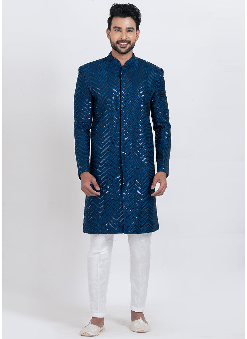 Viscose Rayon Teal Blue Festive Wear Sequins Work Readymade Indo Western 371951