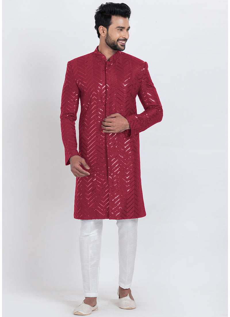 Viscose Rayon Red Festive Wear Sequins Work Readymade Indo Western 371953