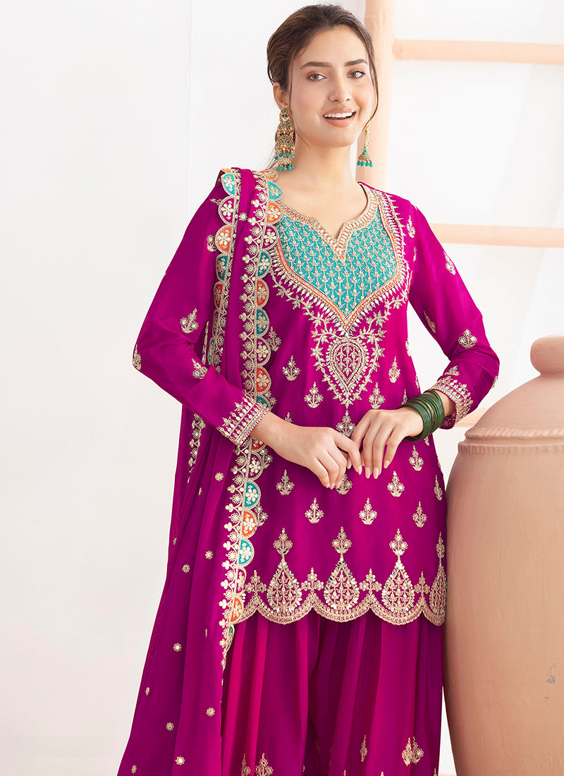Chinon Magenta Wedding Wear Embroidery Hand Work Readymade Plazzo Suit 387686