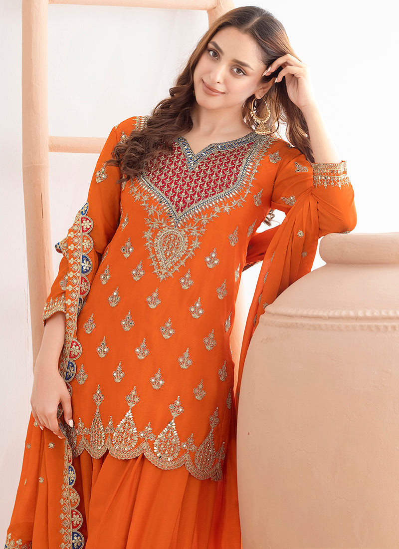 Chinon Orange Wedding Wear Embroidery Hand Work Readymade Plazzo Suit 387688