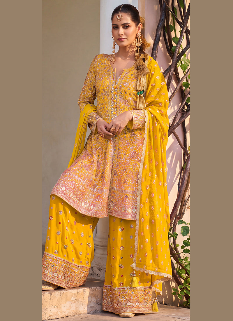 Yellow Georgette Embroidery Work Occasional Wear Readymade Palazzo Suit SW404896