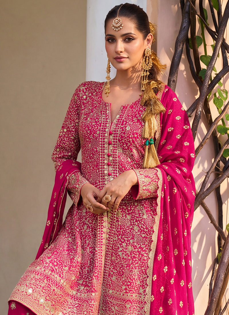 Rani Pink Georgette Embroidery Work Occasional Wear Readymade Palazzo Suit SW404897