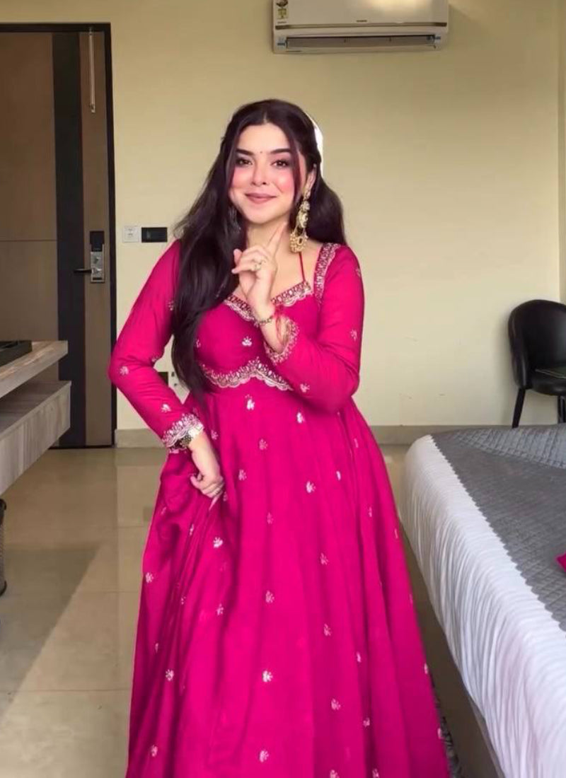 Faux Georgette Rani Pink Festival Wear Embroidery Work Readymade Anarkali Gown 385965